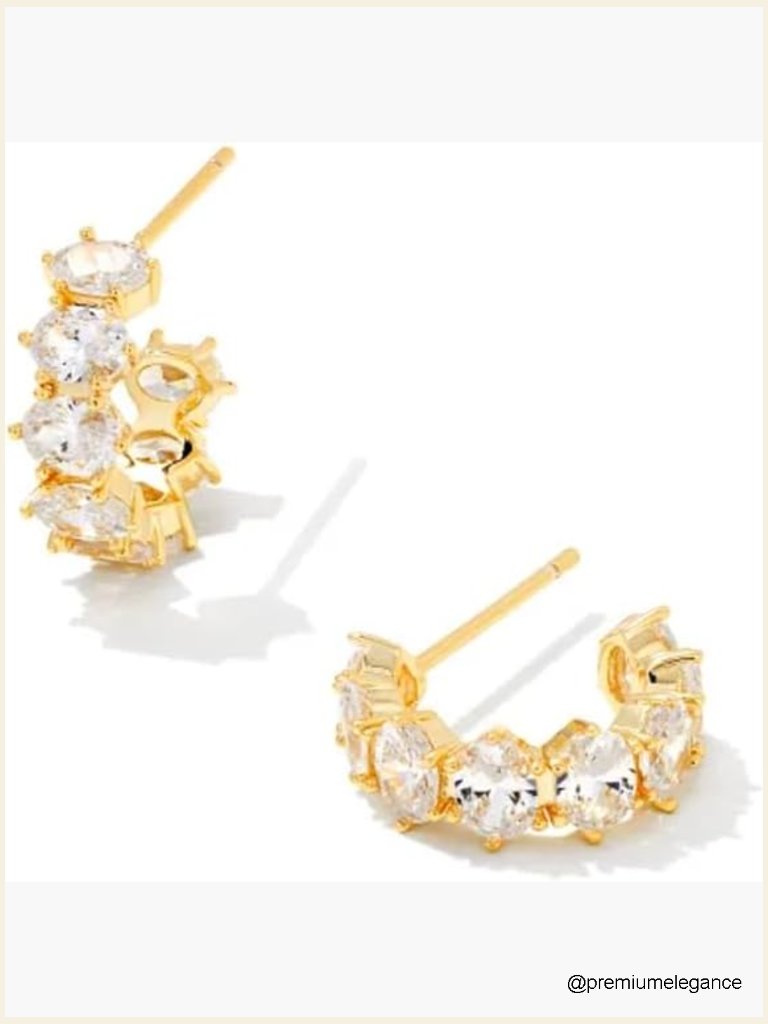 Crystal Huggie Hoop Earrings, Round Cz Dangle, Gold Plated 0.53"